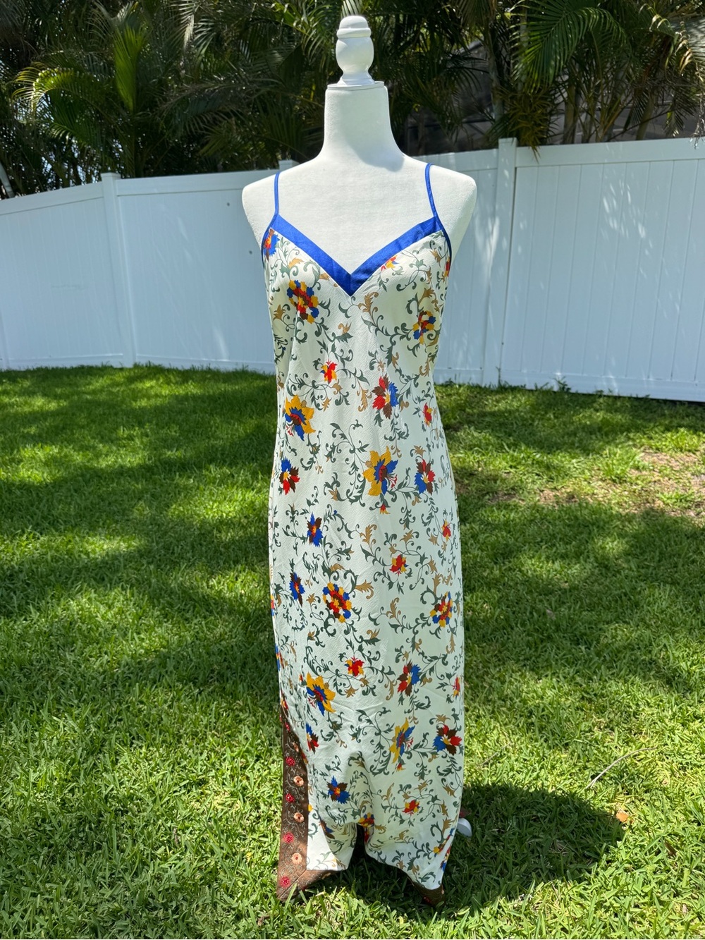 Cabernet Cream Floral Satin Slip with Blue Trim